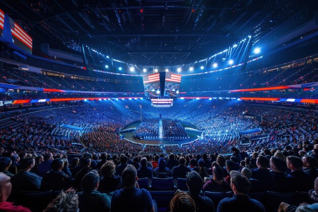 Crowd at a Sports Arena Under a Blue and Red Light Show