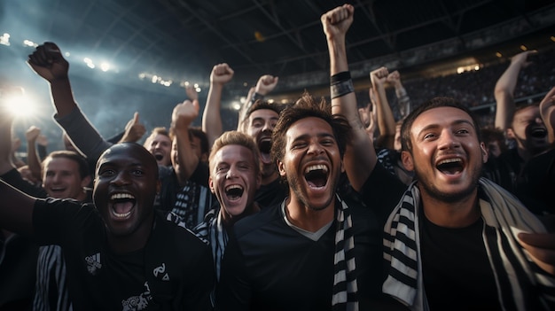 Photo crowd of sports fans cheering during a match in stadium excited people standing with their arms raised clapping and yelling to encourage their team to win