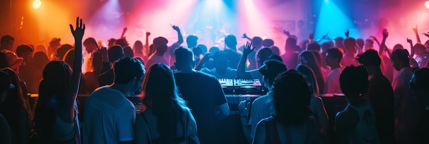 Crowd at a Vibrant Concert with a DJ Booth in the Foreground A lively concert with a mix of people d