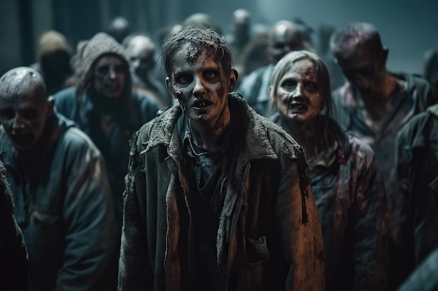 Crowd of walking dead zombies in postapocalyptic city at night Generative AI illustration