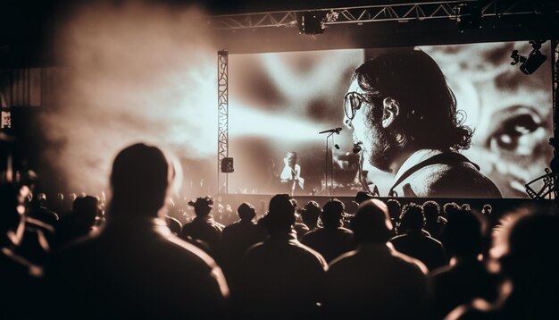 Photo a crowd watches a movie on a stage with a man in a hat on it