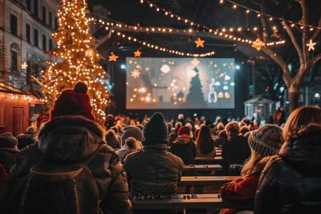 Photo crowd watching christmas movie on big screen at night market during winter holidays