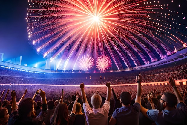 A crowd watching a fireworks display in a stadium