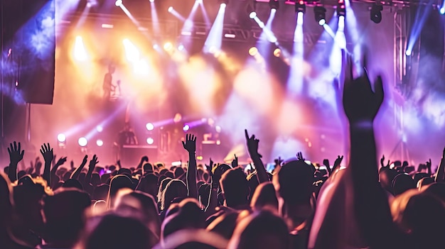 Crowd with raised hands at concert summer music festival