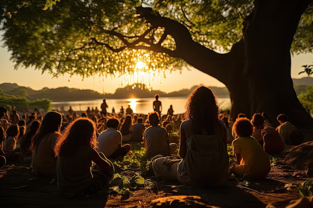 Crowd in worship under open sky in serene field generative IA