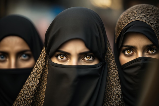 Crowd of young women in traditional Muslim hijab portrait closeup with their faces covered on a city street among a crowd of people protesting on the street black hijab shawl Generative AI