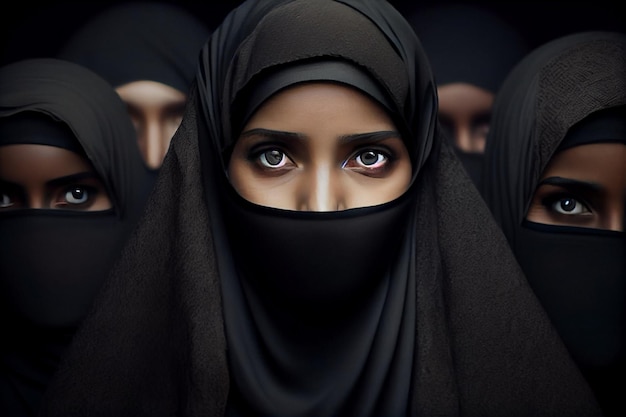 Crowd of young women in traditional Muslim hijab portrait closeup with their faces covered on a city street among a crowd of people protesting on the street black hijab shawl Generative AI