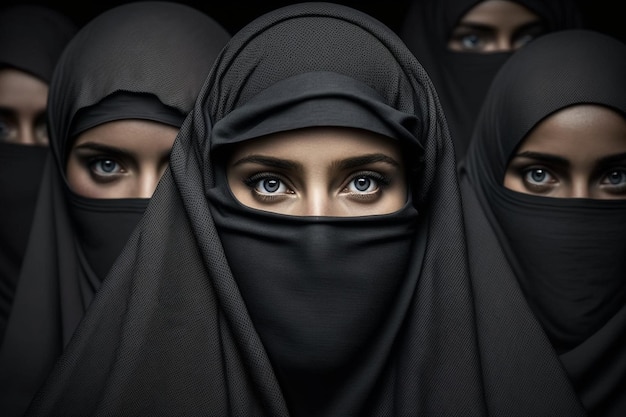 Crowd of young women in traditional Muslim hijab portrait closeup with their faces covered on a city street among a crowd of people protesting on the street black hijab shawl Generative AI