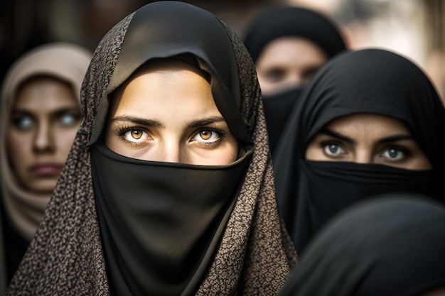 Crowd of young women in traditional Muslim hijab portrait closeup with their faces covered on a city street among a crowd of people protesting on the street black hijab shawl Generative AI