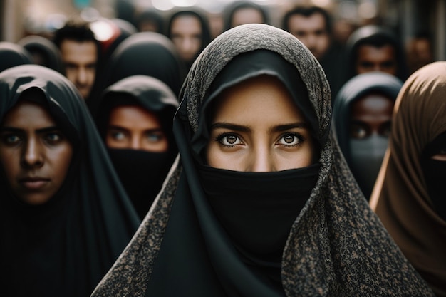 Crowd of young women in traditional Muslim hijab portrait closeup with their faces covered on a city street among a crowd of people protesting on the street black hijab shawl Generative AI