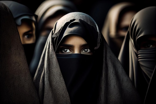 Crowd of young women in traditional Muslim hijab portrait face looking camera on city street amidst crowds protest in street black hijab headscarf discrimination against women rally Generative AI