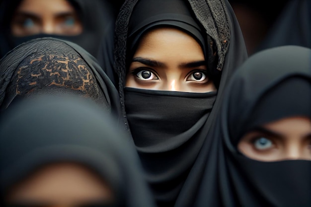 Crowd of young women in traditional Muslim hijab portrait face looking camera on city street amidst crowds protest in street black hijab headscarf discrimination against women rally Generative AI