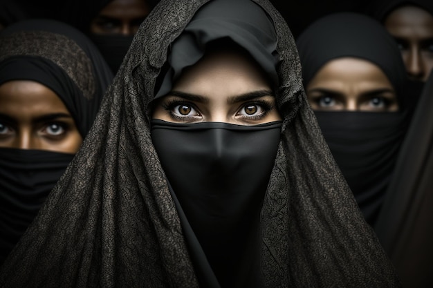 Crowd of young women in traditional Muslim hijab portrait face looking camera on city street amidst crowds protest in street black hijab headscarf discrimination against women rally Generative AI