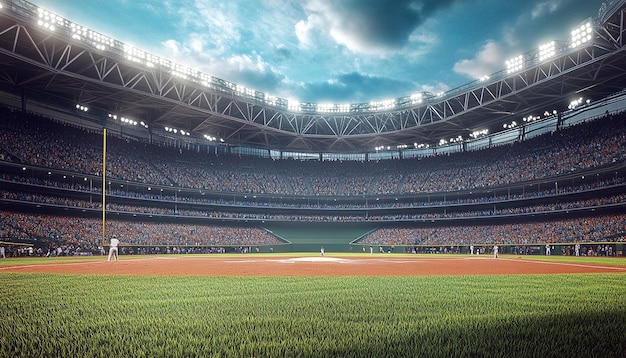 Crowded baseball stadium and players in the field