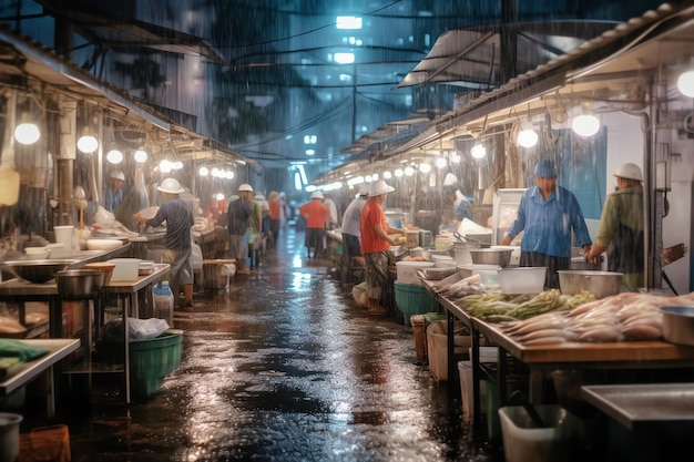 A crowded city fish market with vendors showcasing