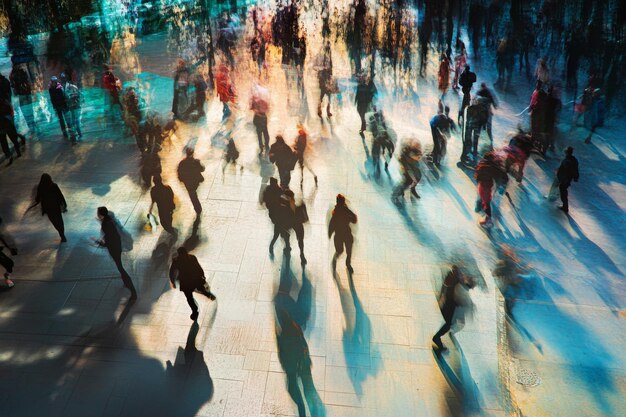 Crowded city square with motion blur and colorful reflections under afternoon sunlight