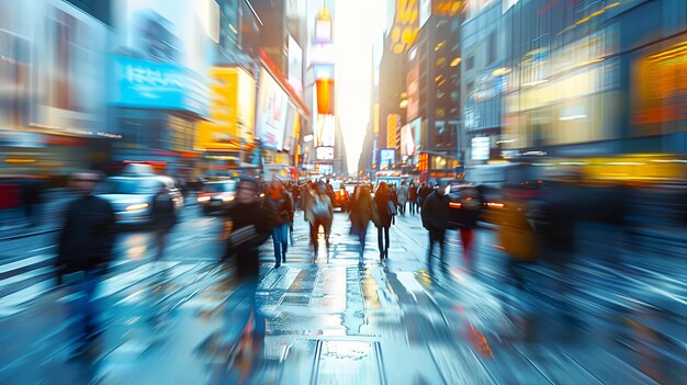 Crowded city street in daytime with glowing billboards