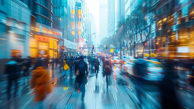 Crowded city street with people and moving taxis