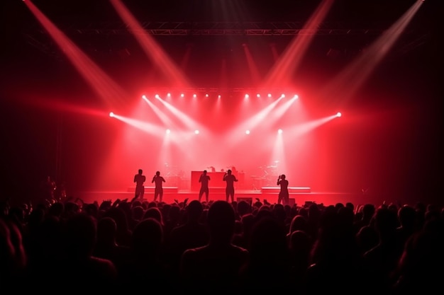 A crowded concert hall with scene stage in red lights rock show performance with people silhouette