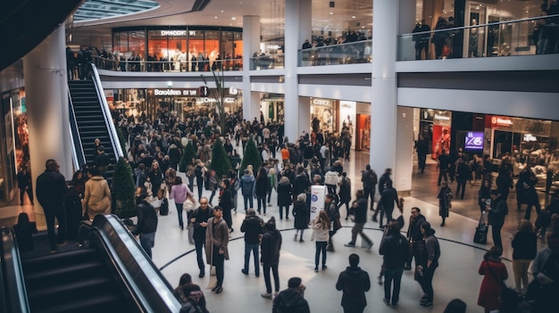 A crowded shopping mall on Black Friday