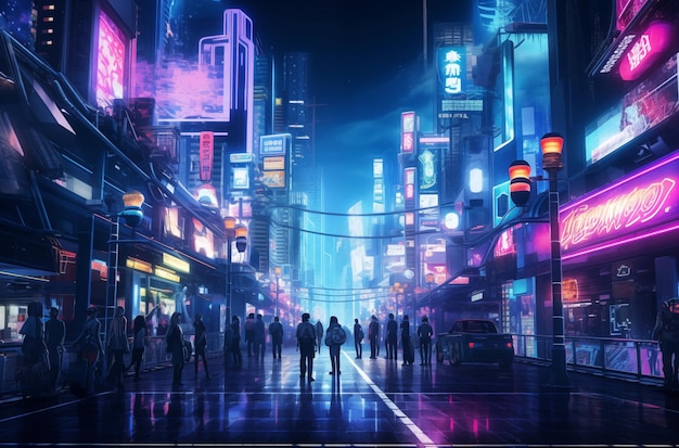 A crowded street in a futuristic city at night illuminated by various neon signs and filled with people and cars