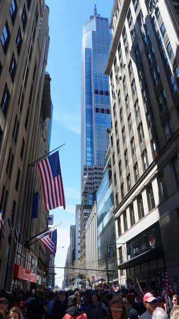 Crowded Street in New York City with Skyscrapers and American Flags