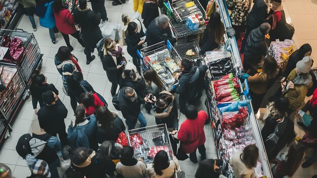 Photo crowded supermarket with people shopping for groceries and household items