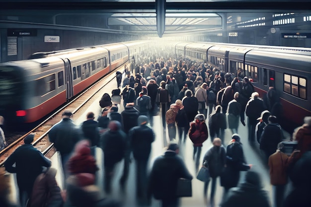 Crowded train station during rush hour with passengers rushing to catch their trains created with generative ai