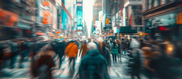 Crowds bustling through Times Square during early evening in New York City