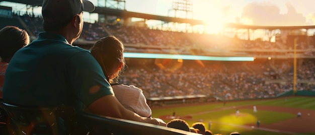 Crowds enjoying a baseball game at sunset creating a vibrant and nostalgic atmosphere in the stadium