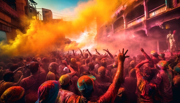 Crowds of unidentified people throw colour powder during the happy holi day