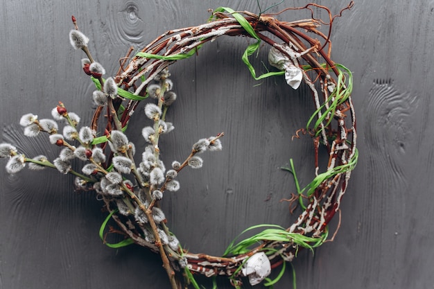 crown of branches on a wooden background 