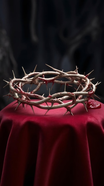 Crown of thorns on red cloth top view