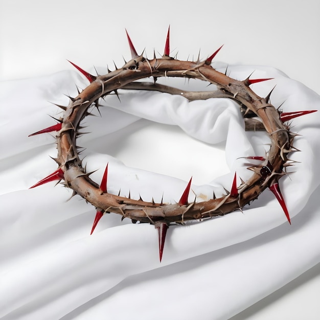 Photo crown of thorns and white cloth with blood stains on white background