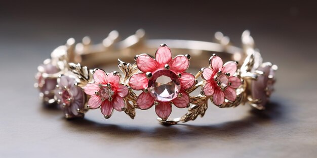 A crown with delicate flowers and red rose quartz stones paired with a wedding band with a floral design