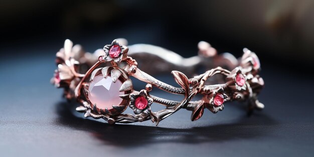 A crown with delicate flowers and red rose quartz stones paired with a wedding band with a floral design