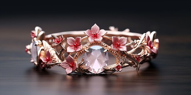 A crown with delicate flowers and red rose quartz stones paired with a wedding band with a floral design