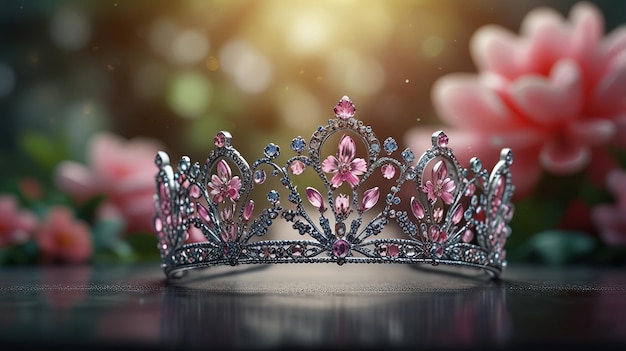 Photo a crown with pink and blue diamonds on it