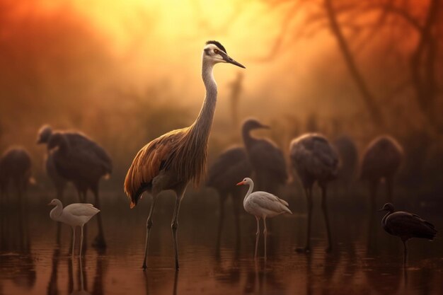 Crowned crane at sunset in the swamp Wildlife scene from nature