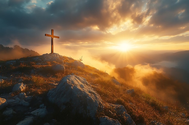 Crucifix at the top of a Mountain with Sunlight Breaking through the Clouds Inspirational Christian