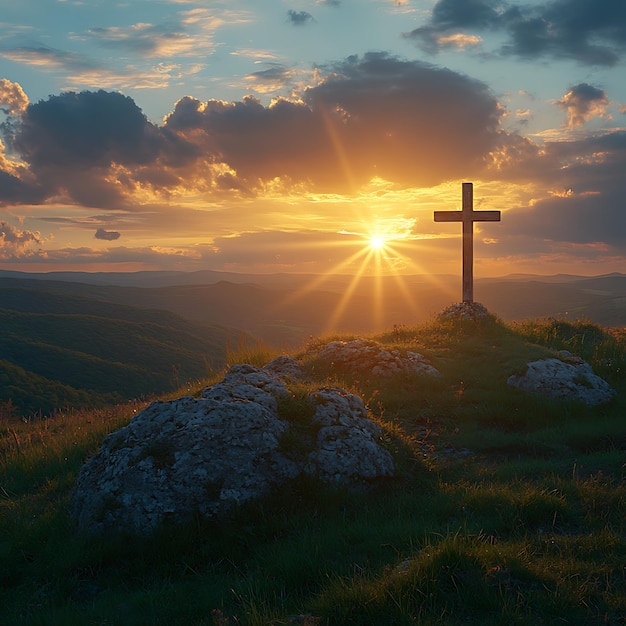 Crucifix at the top of a Mountain with Sunlight Breaking through the Clouds Inspirational Christian