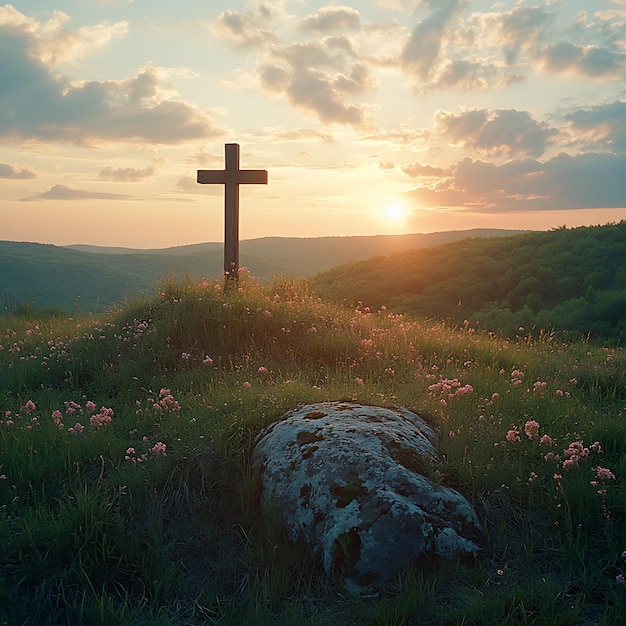 Crucifix at the top of a Mountain with Sunlight Breaking through the Clouds Inspirational Christian