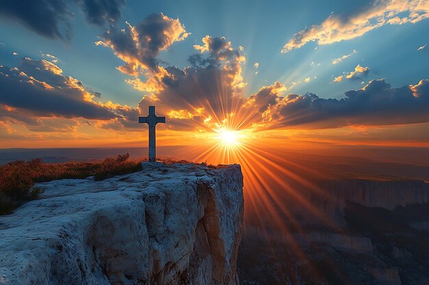 Crucifix at the top of a Mountain with Sunlight Breaking through the Clouds Inspirational Christian