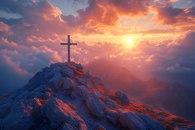 Crucifix at the top of a Mountain with Sunlight Breaking through the Clouds Inspirational Christian