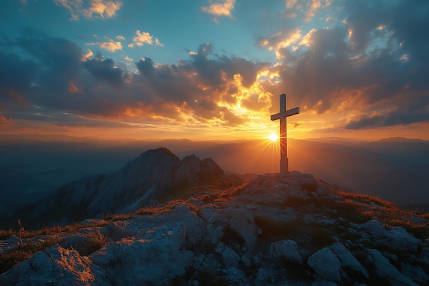 Crucifix at the top of a Mountain with Sunlight Breaking through the Clouds Inspirational Christian