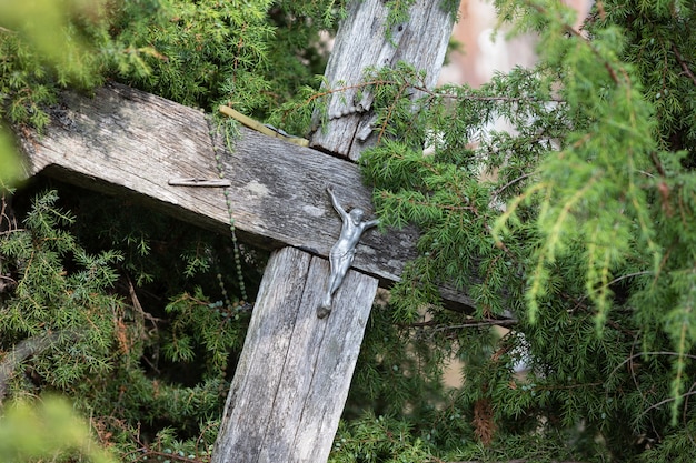 Crucifixion of Christ and a large number of crosses at Hill of Crosses. Hill of Crosses is a unique monument of history and religious folk art in Siauliai, Lithuania.