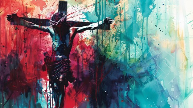 Photo the crucifixion illustrated with bold dramatic watercolor strokes