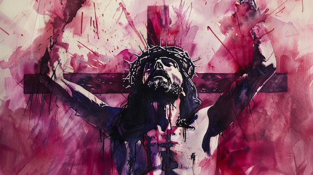 Photo the crucifixion illustrated with bold dramatic watercolor strokes