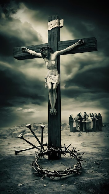 Crucifixion of jesus christ cross with three nails and crown of thorns on ground