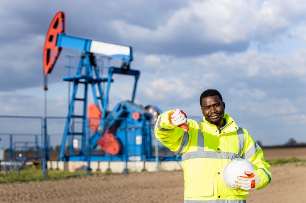 Crude oil financial crisis Portrait of unsatisfied worker standing in front of the oil rigs